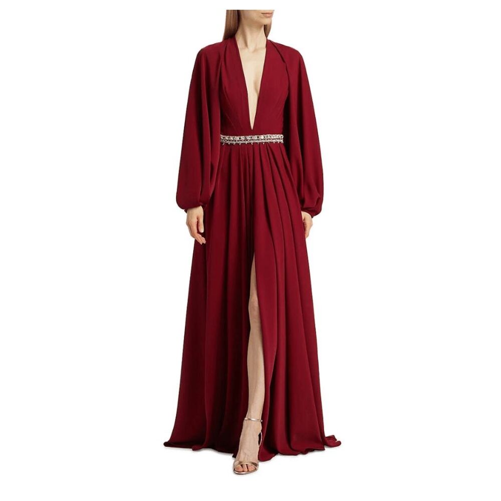 NWT Reem Acra Crepe Embellished Plunge Gown Size US 2 $2795